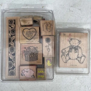 Lot of 11 Vintage Stampin' Up! Rubber Stamps Random Bear Flower Bundle DIY